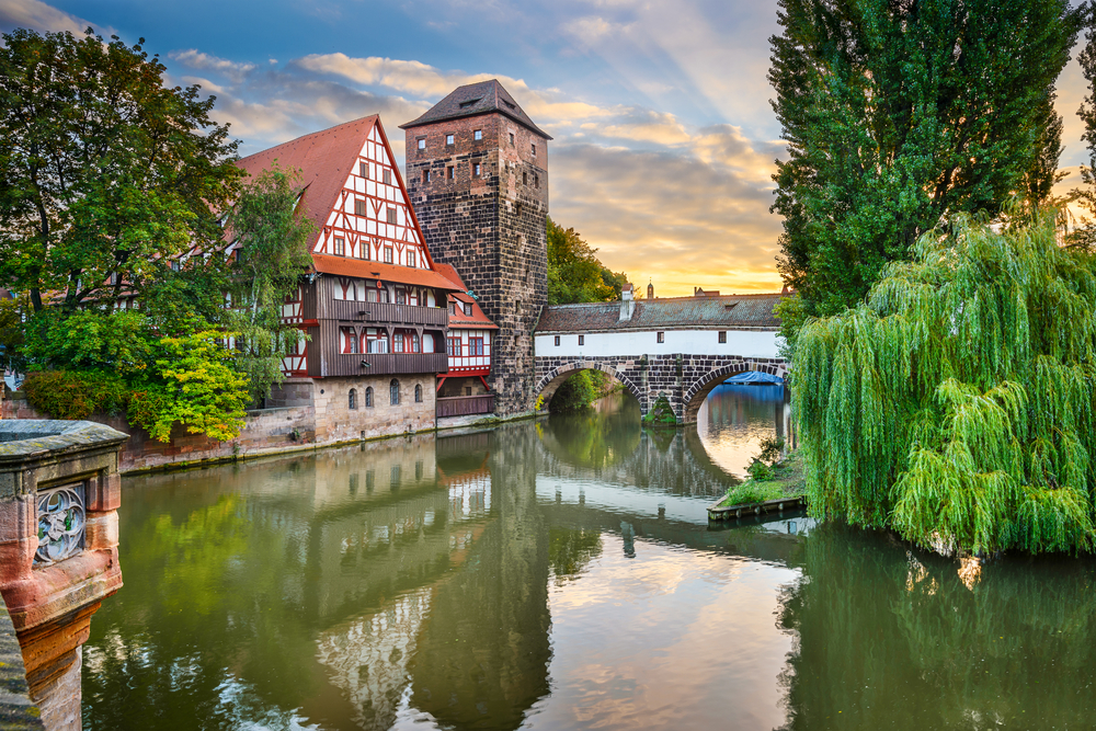 Nuremberg, Germany at Hangmans Bridge over the Pegnitz River.